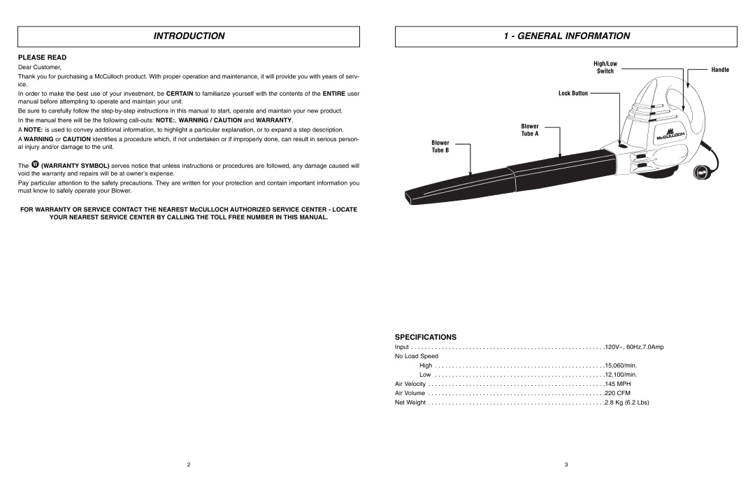 McCulloch MCB2203 user manual Introduction, General Information, Specifications 