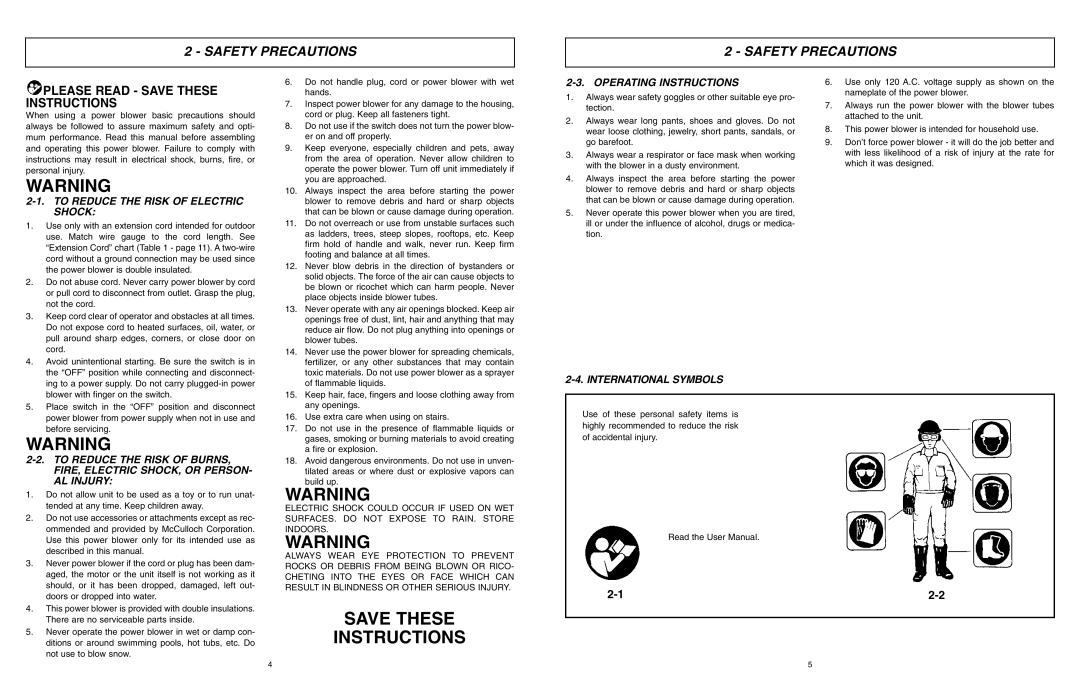 McCulloch MCB2203 user manual Safety Precautions, Please Read Save These Instructions 