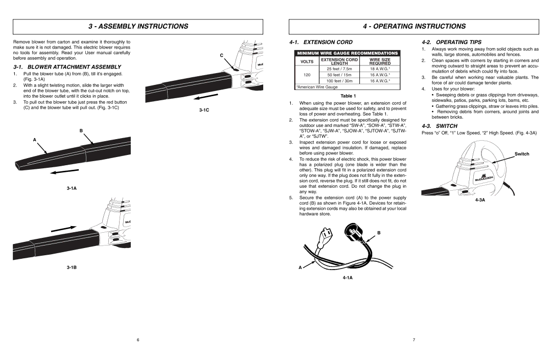 McCulloch MCB2203 Assembly Instructions Operating Instructions, Blower Attachment Assembly, Extension Cord, Operating Tips 