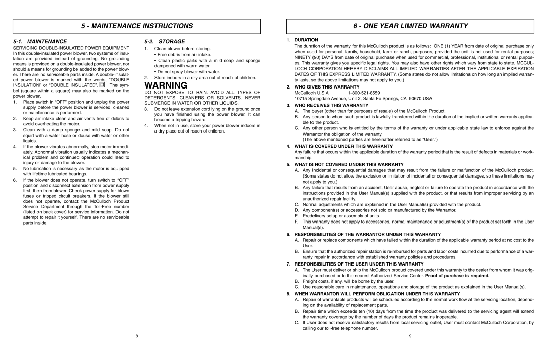 McCulloch MCB2203 user manual Maintenance Instructions ONE Year Limited Warranty, Storage 