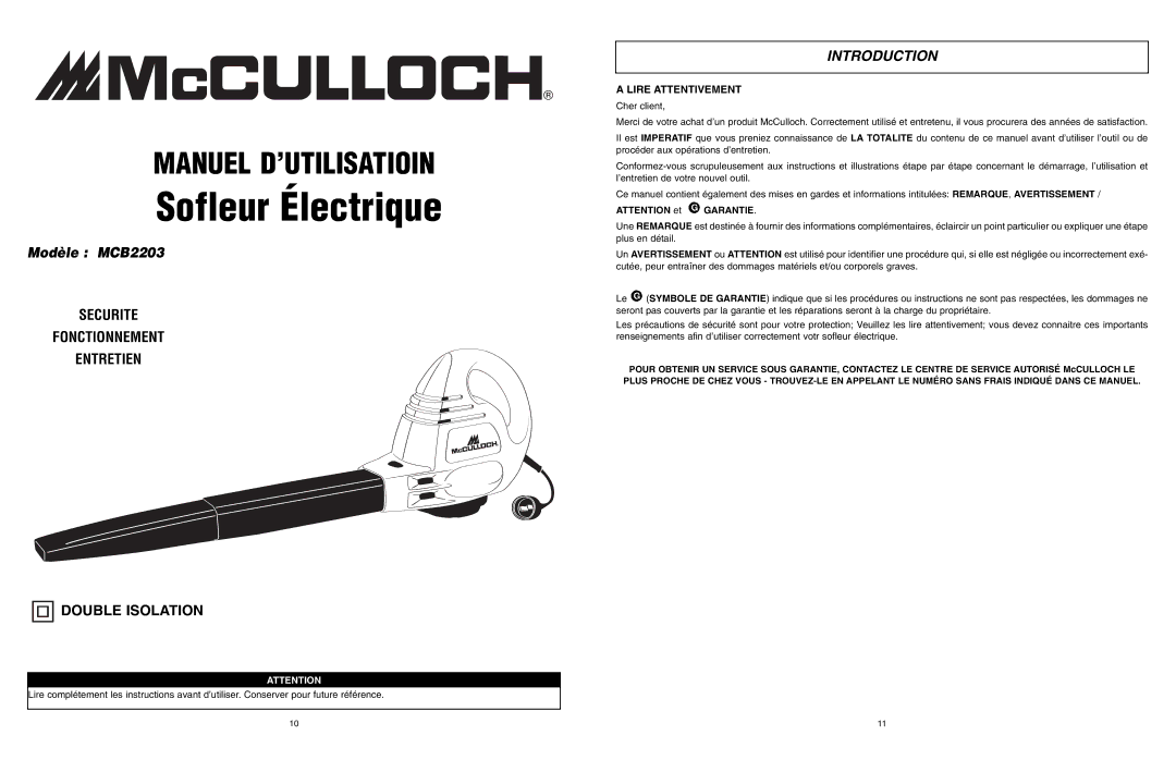 McCulloch user manual Sofleur Électrique, Modèle MCB2203 