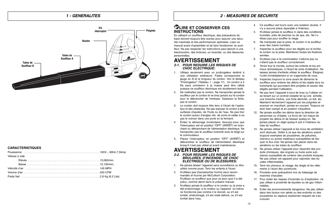 McCulloch MCB2203 Avertissement, Generalites Measures DE Securite, Lire ET Conserver CES Instructions, Caracteristiques 