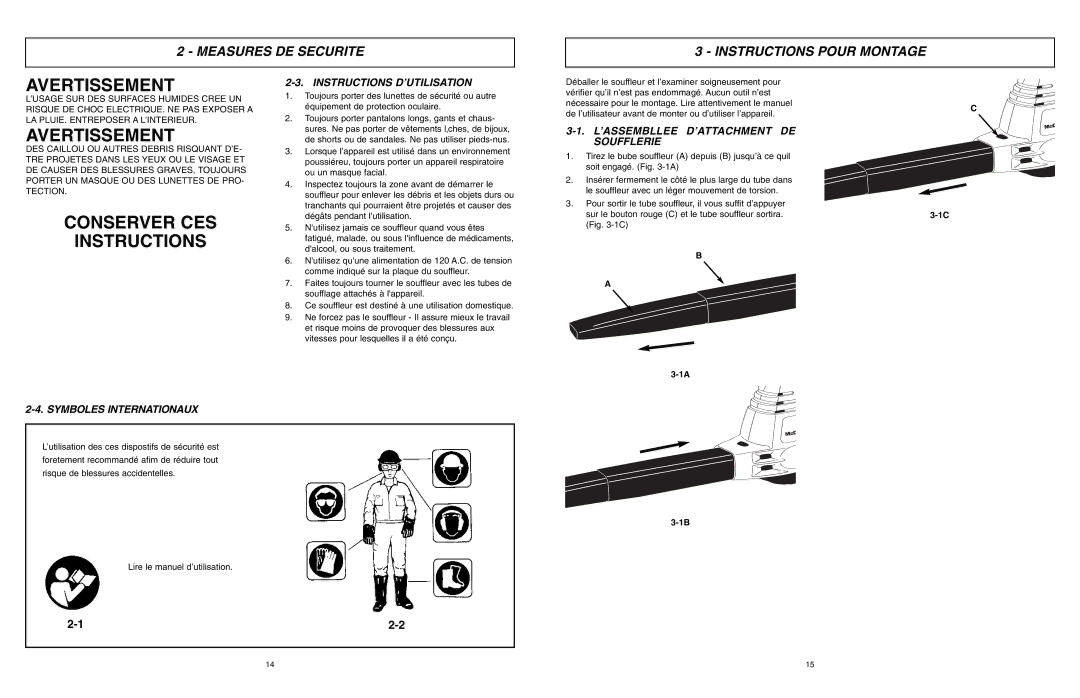 McCulloch MCB2203 Conserver CES Instructions, Measures DE Securite Instructions Pour Montage, Instructions D’UTILISATION 