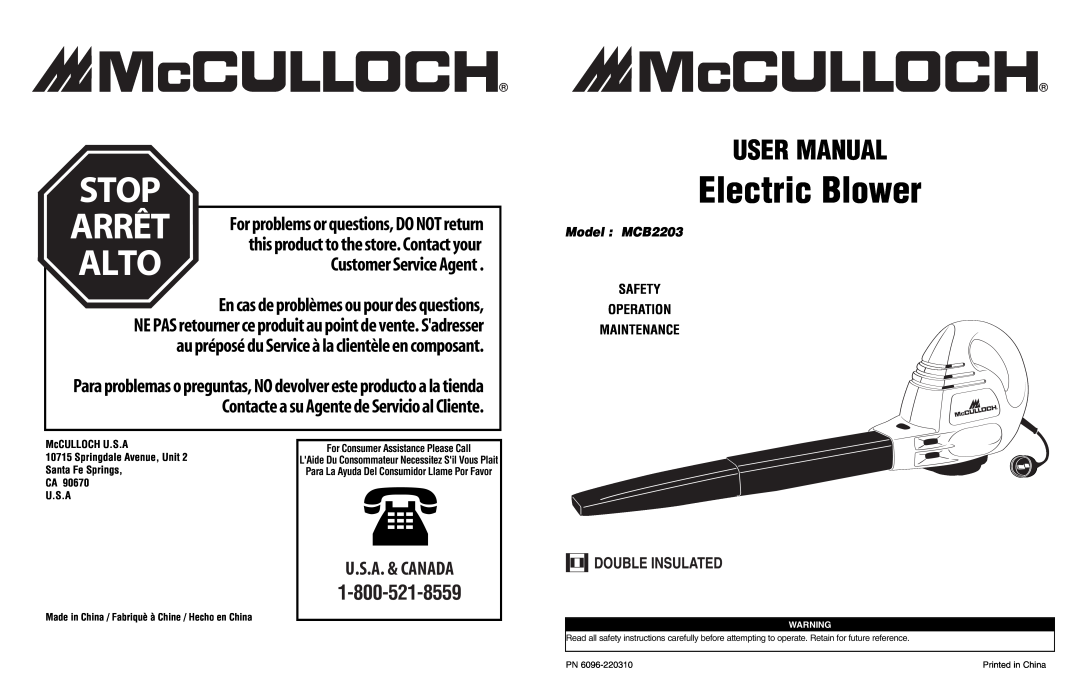 McCulloch user manual Electric Blower, Model MCB2203, Safety Operation Maintenance, U.S.A, Alto, Stop, Arrêt 