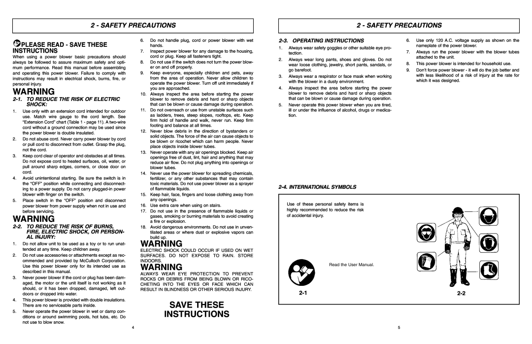 McCulloch MCB2203 Safety Precautions, Please Read - Save These Instructions, To Reduce The Risk Of Electric Shock 