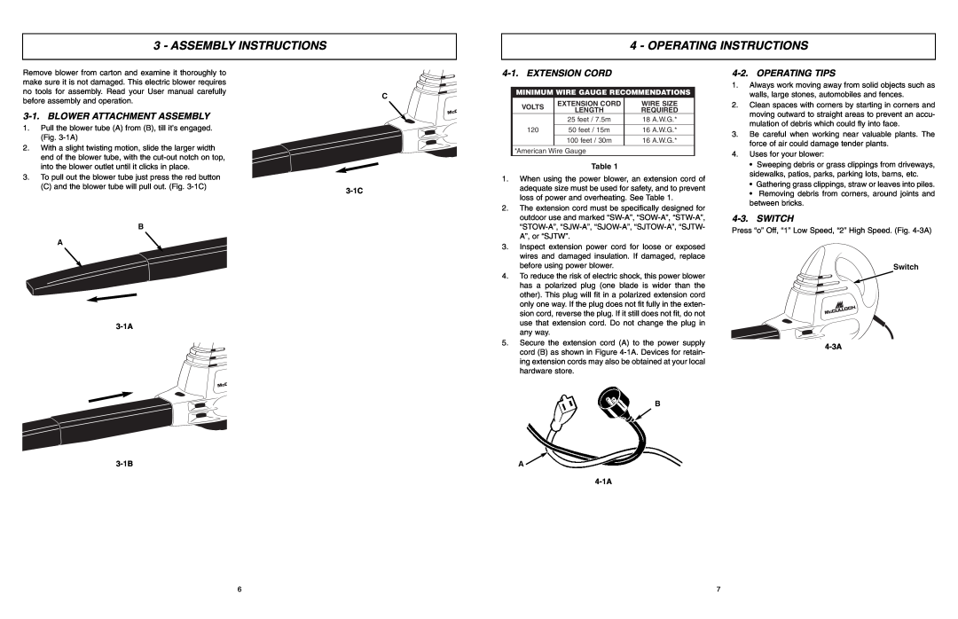 McCulloch MCB2203 Assembly Instructions, Operating Instructions, Blower Attachment Assembly, Extension Cord, Switch, 4-3A 