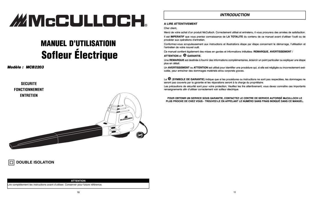 McCulloch Sofleur Électrique, Manuel D’Utilisatioin, Modèle MCB2203, Securite Fonctionnement Entretien Double Isolation 