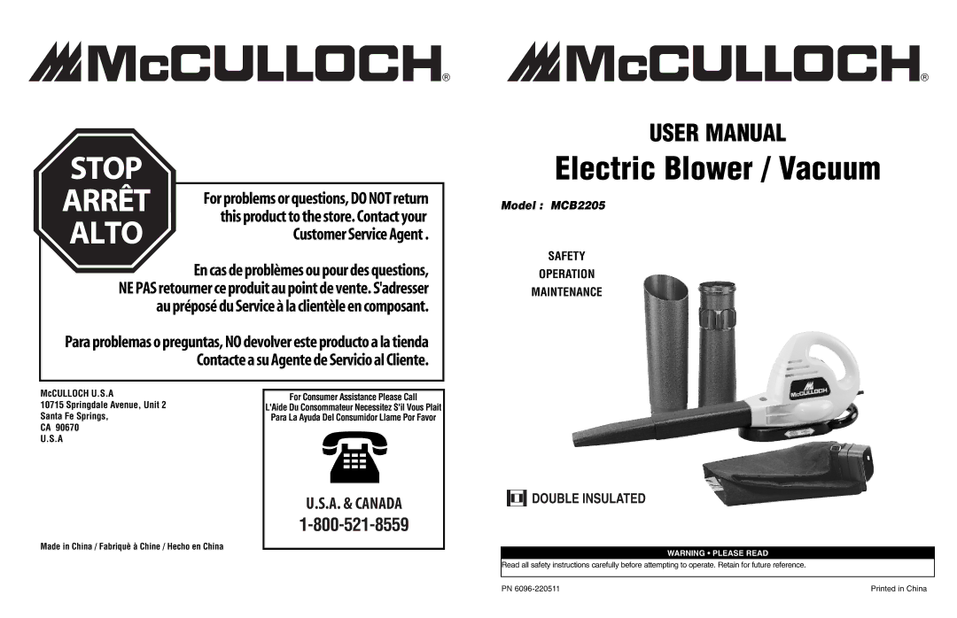 McCulloch MCB2205 user manual Electric Blower / Vacuum 