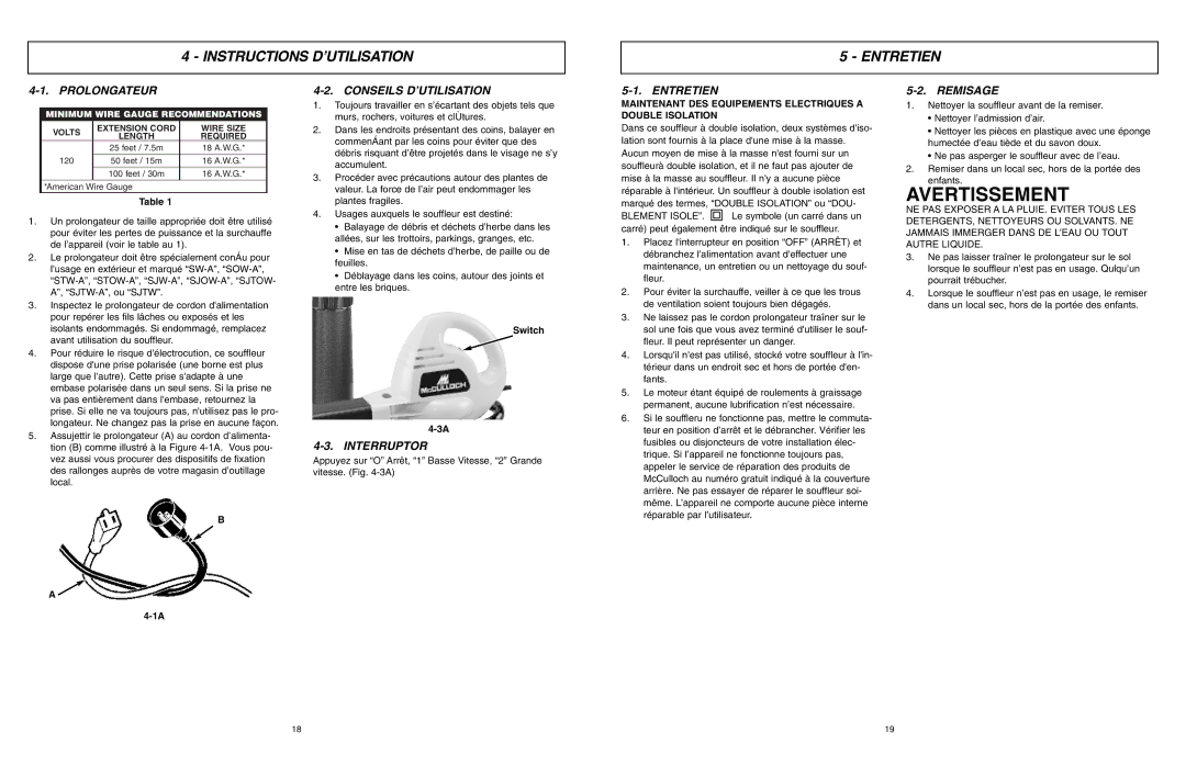 McCulloch MCB2205 user manual Instructions D’UTILISATION Entretien 