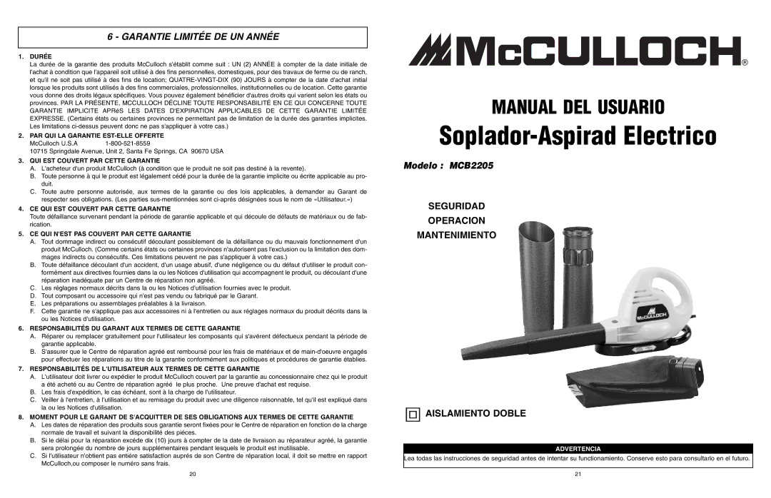 McCulloch MCB2205 user manual Garantie Limitée DE UN Année 