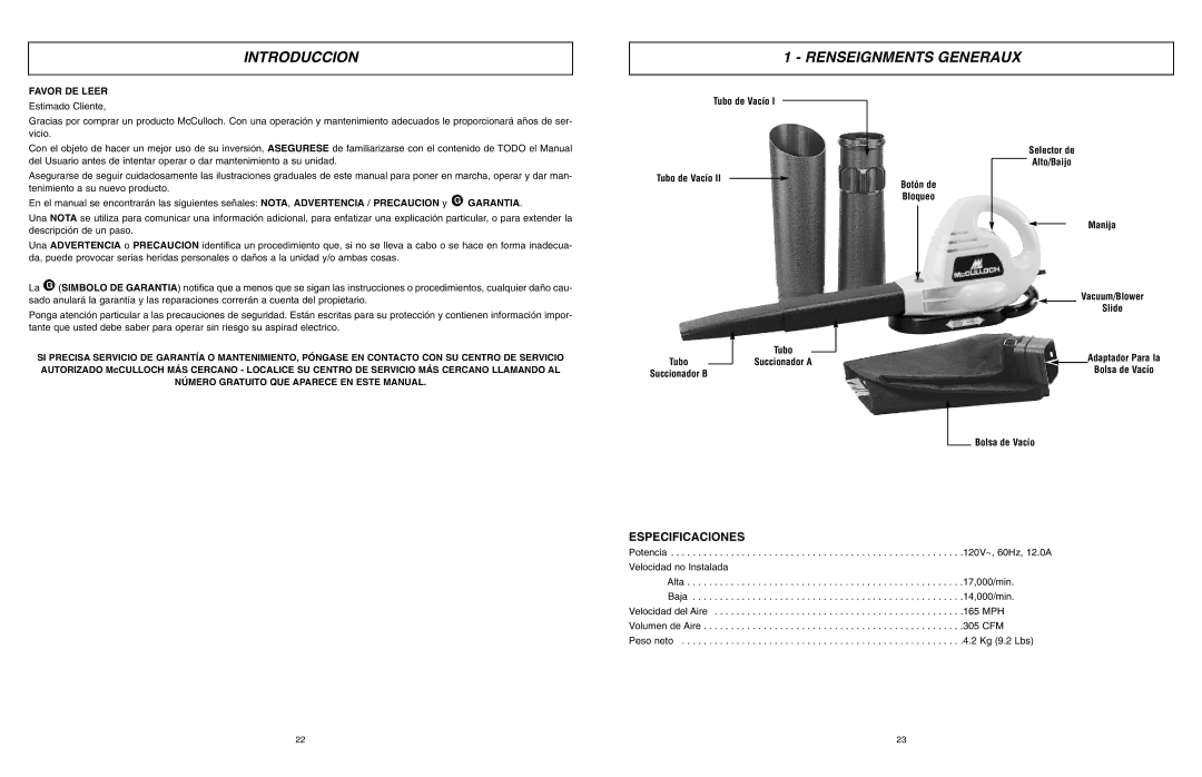 McCulloch MCB2205 user manual Introduccion, Renseignments Generaux, Especificaciones, Favor DE Leer 