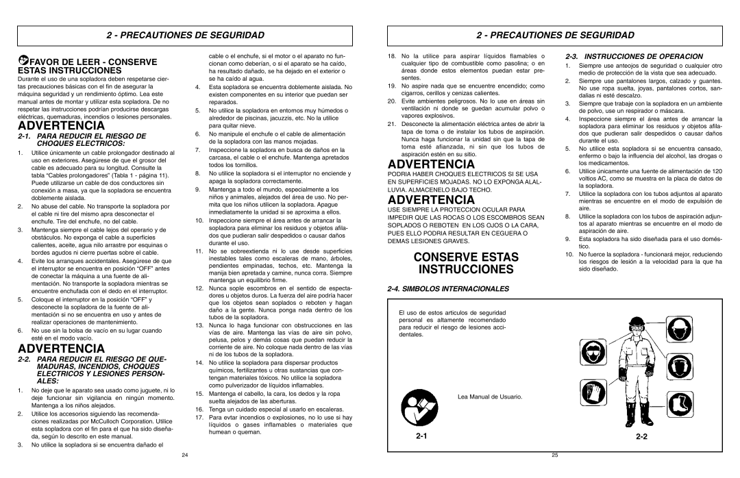 McCulloch MCB2205 Precautiones DE Seguridad, Para Reducir EL Riesgo DE Choques Electricos, Instrucciones DE Operacion 