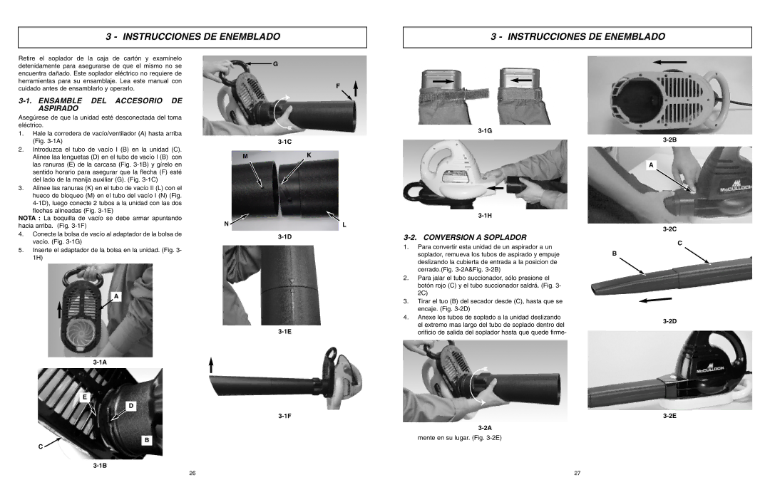 McCulloch MCB2205 user manual Instrucciones DE Enemblado, Ensamble DEL Accesorio DE Aspirado, Conversion a Soplador 