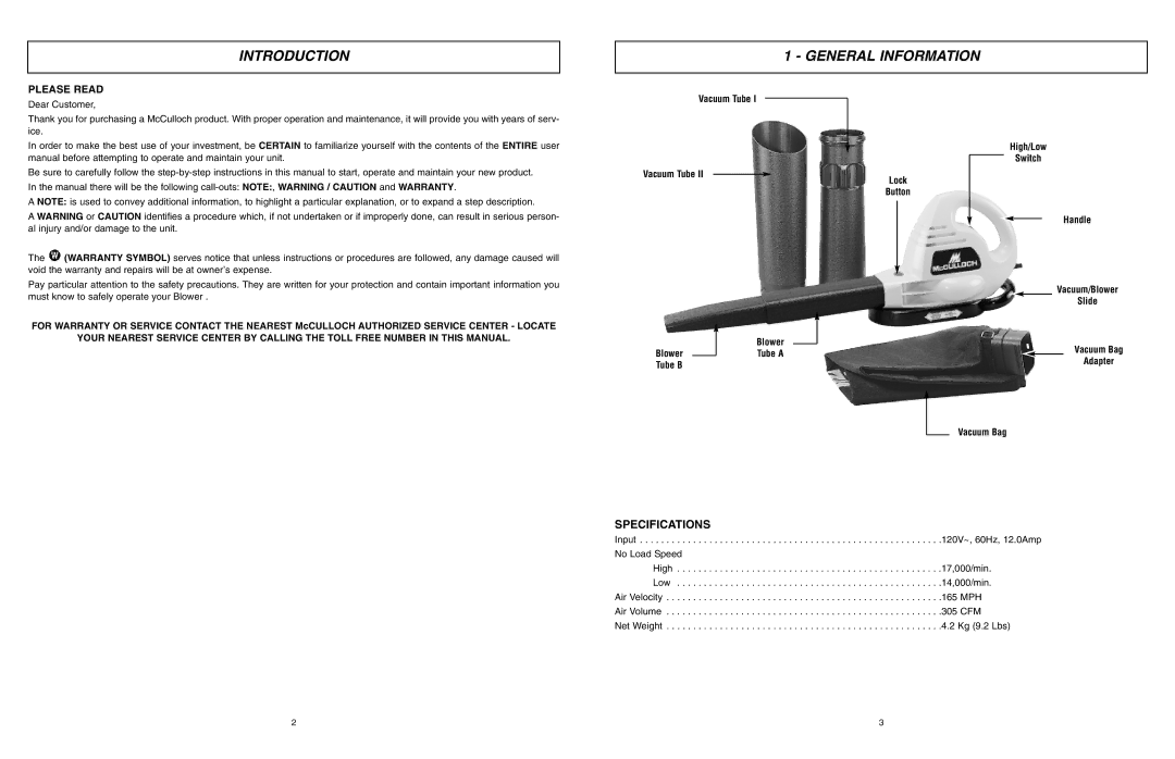 McCulloch MCB2205 user manual Introduction, General Information, Specifications 