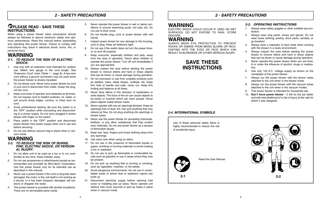 McCulloch MCB2205 Safety Precautions, To Reduce the Risk of Electric Shock, Operating Instructions, International Symbols 