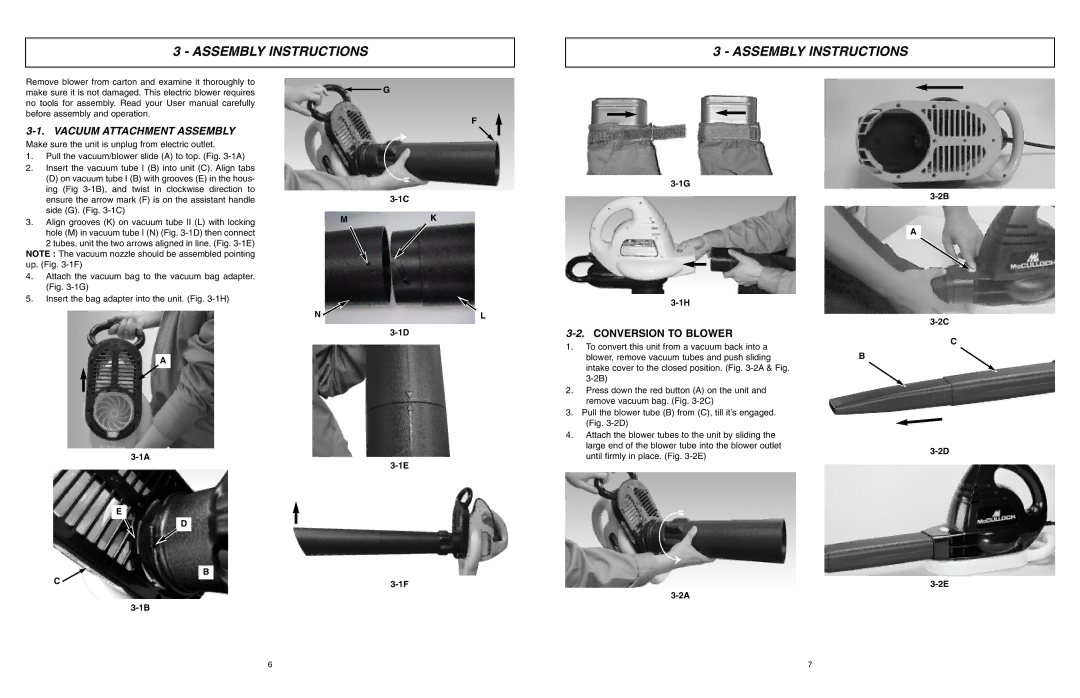 McCulloch MCB2205 user manual Assembly Instructions, Vacuum Attachment Assembly, Conversion to Blower 