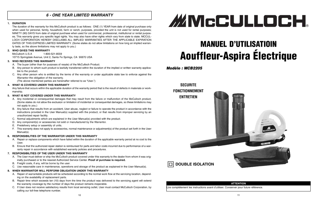 McCulloch MCB2205 user manual ONE Year Limited Warranty 