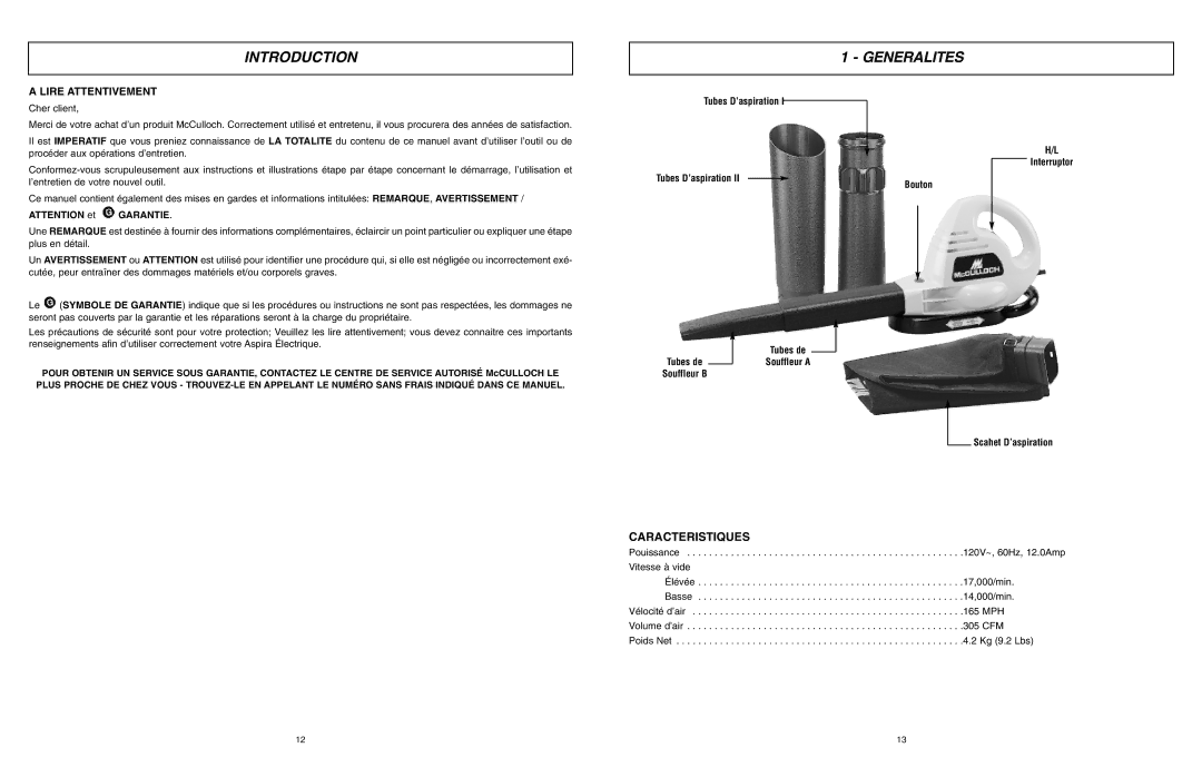 McCulloch MCB2205 user manual Generalites, Caracteristiques 