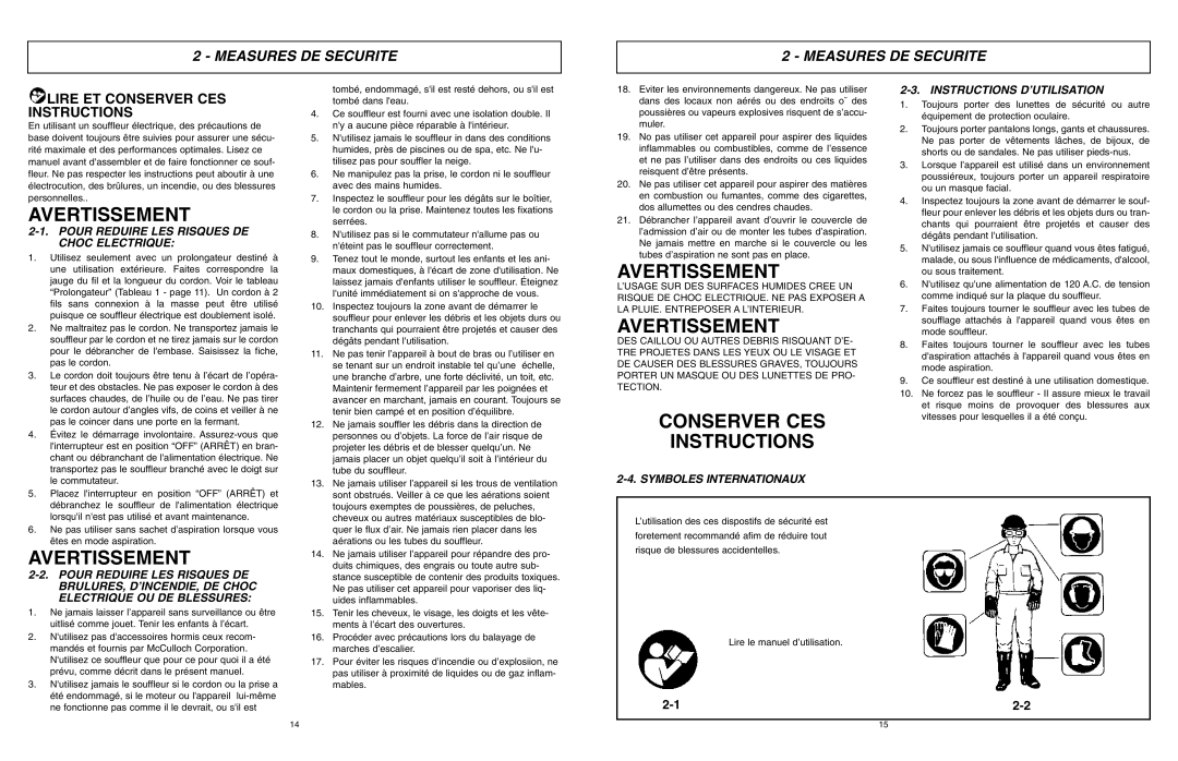 McCulloch MCB2205 user manual Measures DE Securite, Pour Reduire LES Risques DE Choc Electrique, Instructions D’UTILISATION 