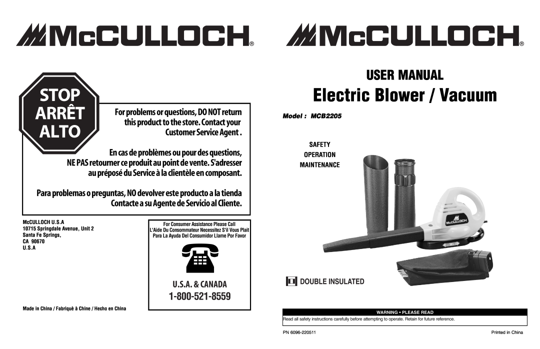 McCulloch user manual Electric Blower / Vacuum, Model MCB2205, Safety Operation Maintenance, U.S.A, Warning Please Read 