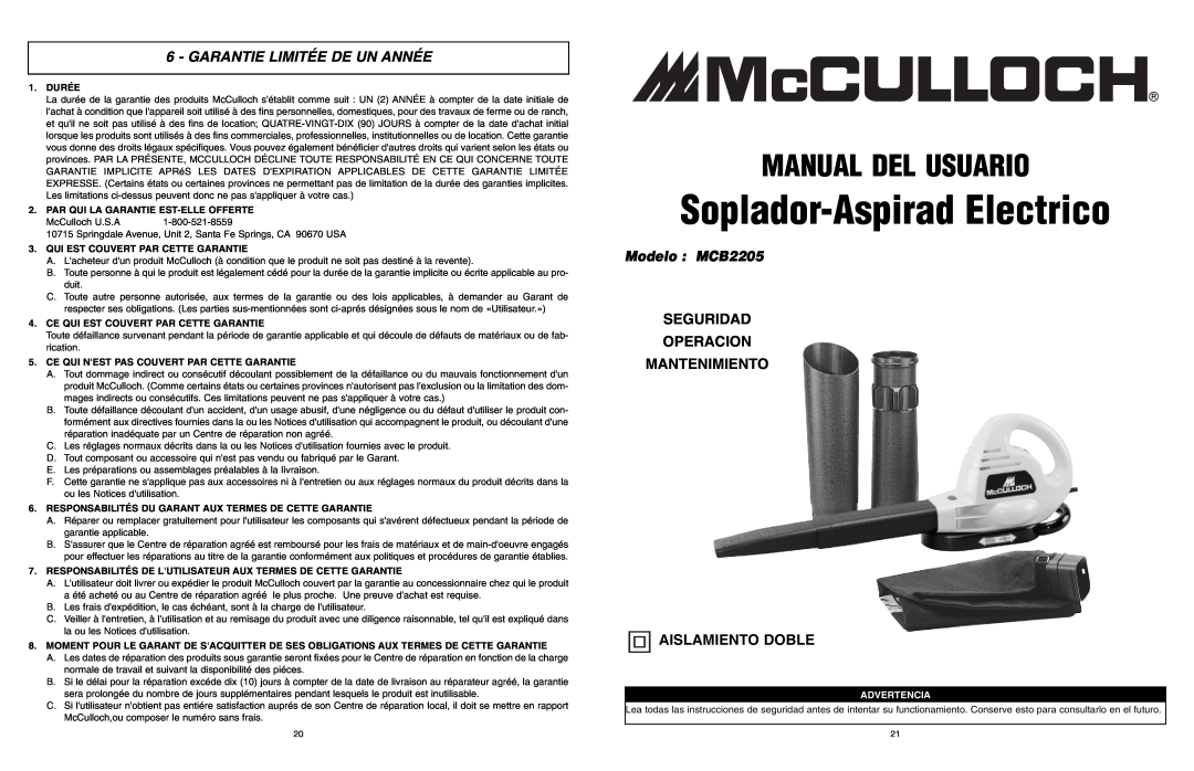 McCulloch Soplador-Aspirad Electrico, Manual Del Usuario, Garantie Limitée De Un Année, Modelo MCB2205, Durée 
