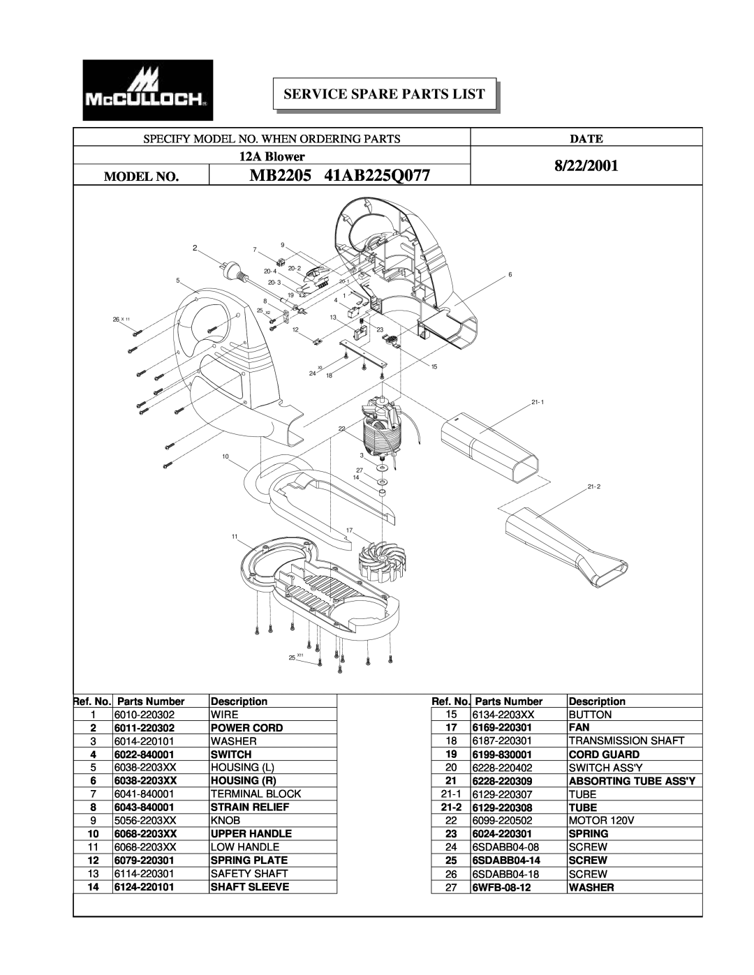 McCulloch MCB2205 user manual MB2205 41AB225Q077, 8/22/2001, 12A Blower, Specify Model No. When Ordering Parts, Date 