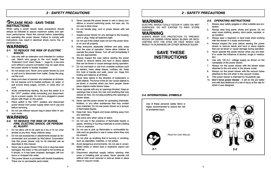 McCulloch MCB2205 Safety Precautions, Please Read - Save These Instructions, To Reduce The Risk Of Electric Shock 