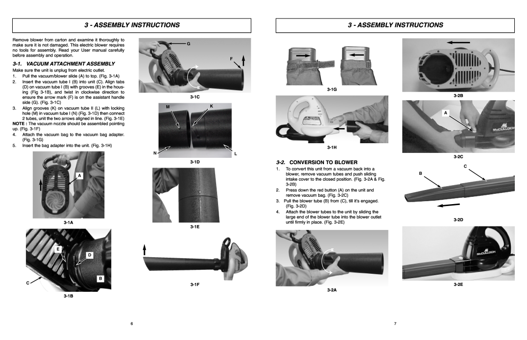 McCulloch MCB2205 Assembly Instructions, Vacuum Attachment Assembly, Conversion To Blower, G F 3-1C MK NL 3-1D, 3-1E 3-1F 