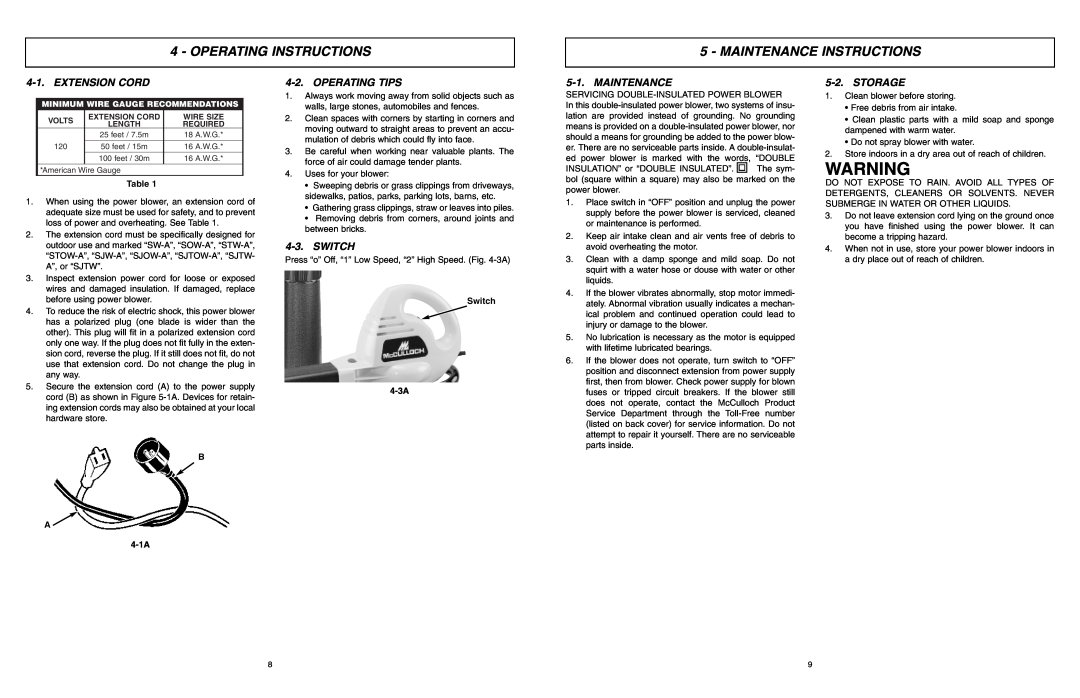McCulloch MCB2205 Operating Instructions, Maintenance Instructions, Extension Cord, Operating Tips, Switch, Storage 