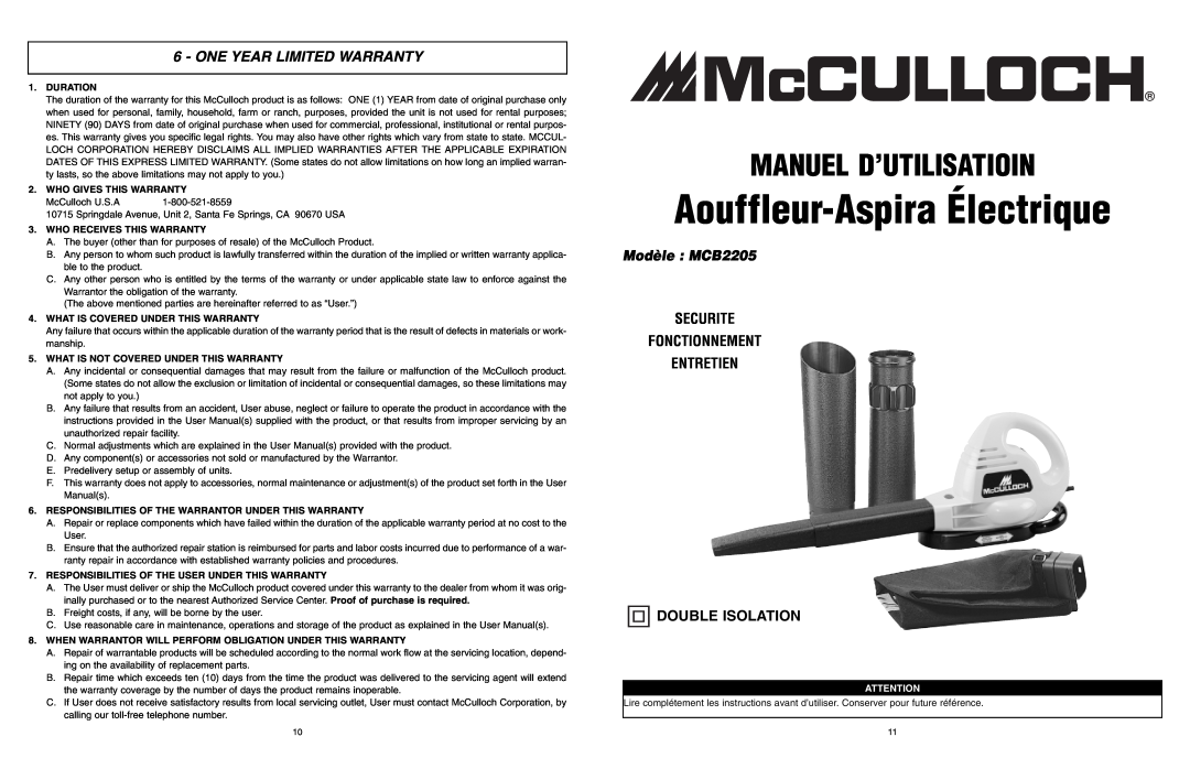 McCulloch Manuel D’Utilisatioin, One Year Limited Warranty, Modèle MCB2205, Duration, Who Gives This Warranty 