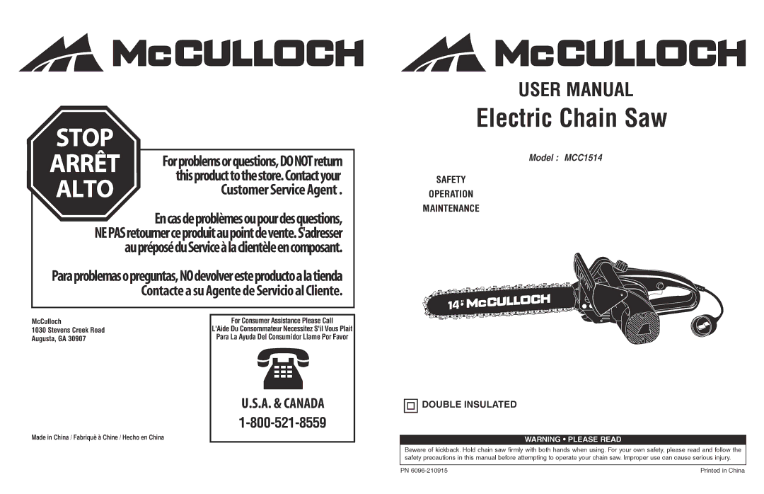 McCulloch MCC1514 user manual Electric Chain Saw 