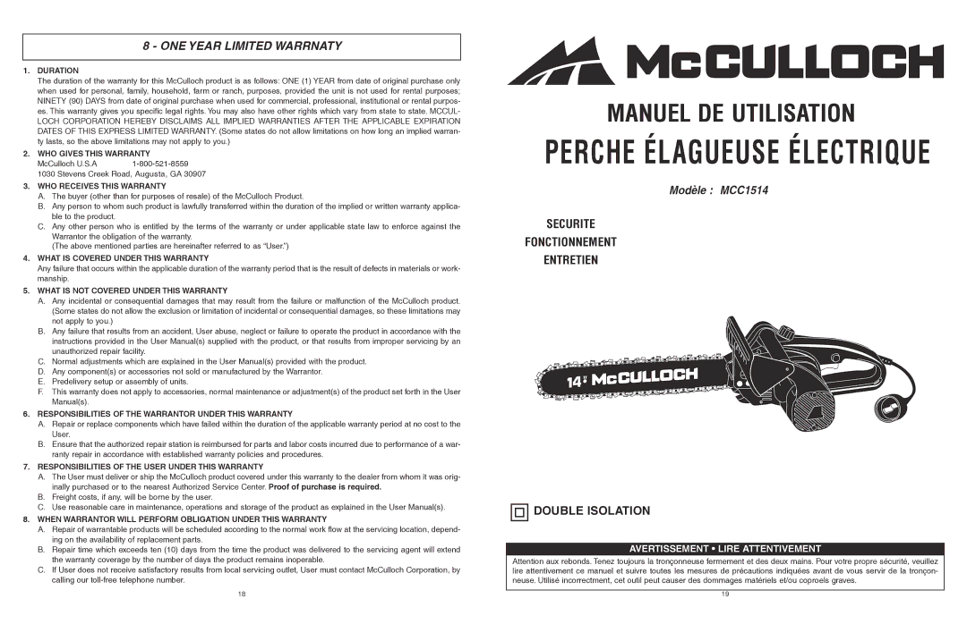 McCulloch MCC1514 user manual ONE Year Limited Warrnaty 