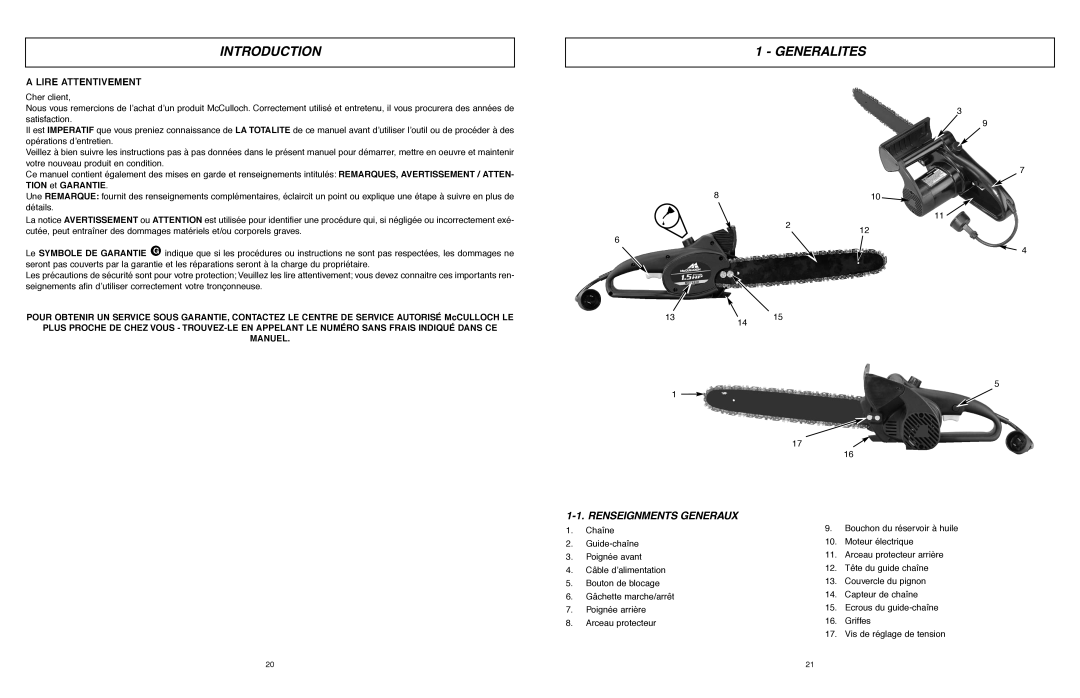 McCulloch MCC1514 user manual Generalites, Renseignments Generaux 