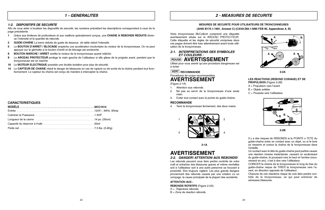 McCulloch MCC1514 user manual Rouge Avertissement, Measures DE Securite, Dispositifs DE Securite 