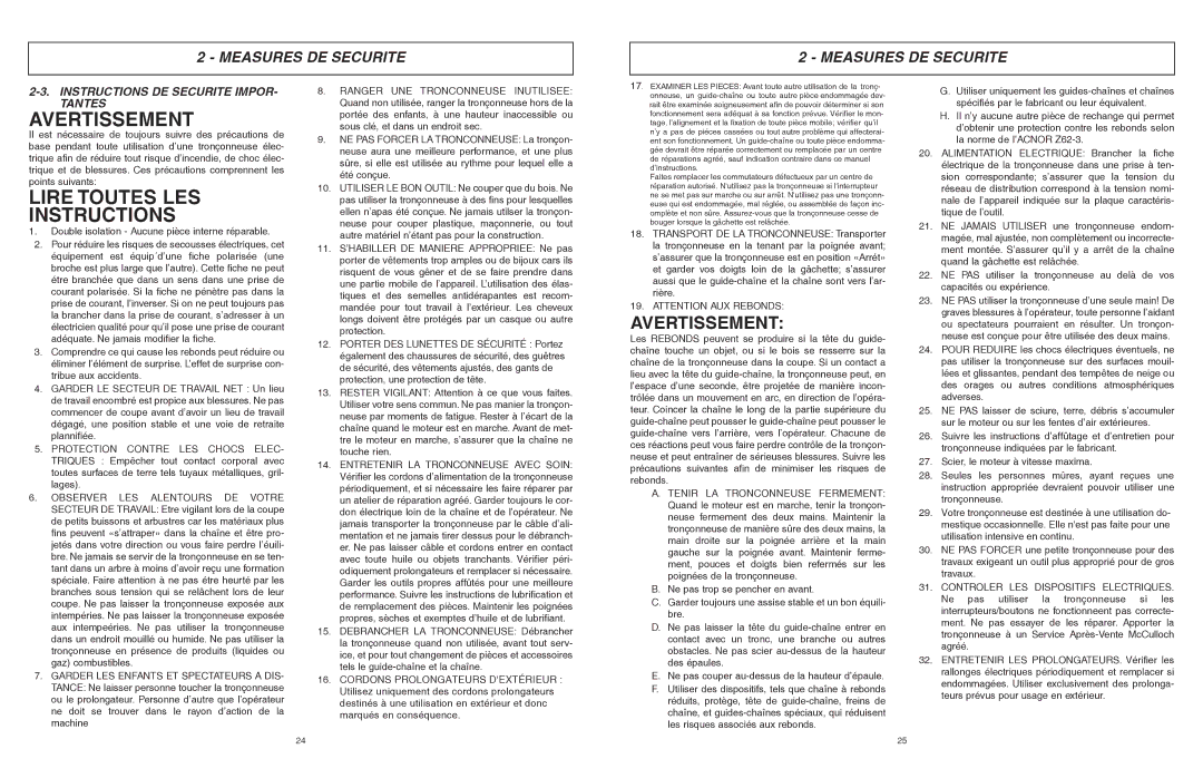 McCulloch MCC1514 user manual Lire Toutes LES Instructions, Instructions DE Securite IMPOR- Tantes 