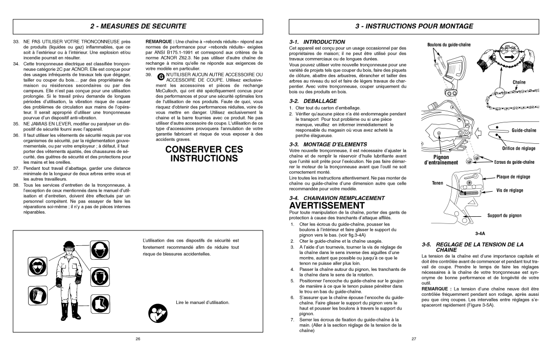 McCulloch MCC1514 user manual Conserver CES Instructions, Measures DE Securite Instructions Pour Montage 