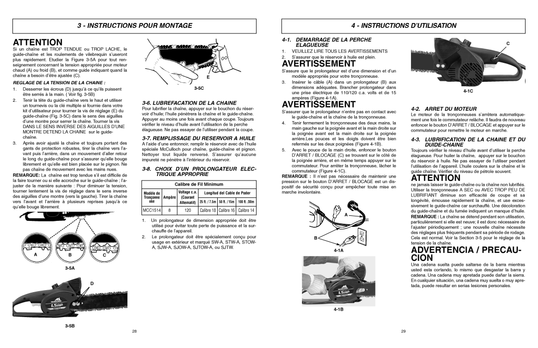 McCulloch MCC1514 user manual Advertencia / PRECAU- Cion, Instructions Pour Montage Instructions D’UTILISATION 