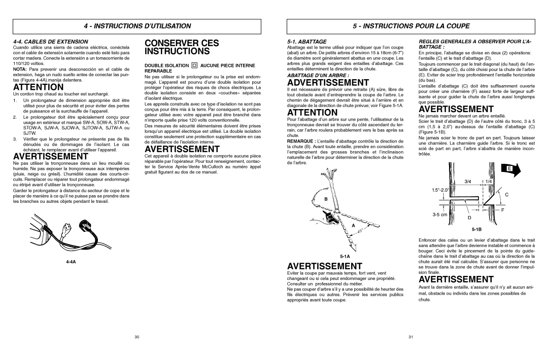 McCulloch MCC1514 Advertissement, Instructions D’UTILISATION Instructions Pour LA Coupe, Cables DE Extension, Abattage 