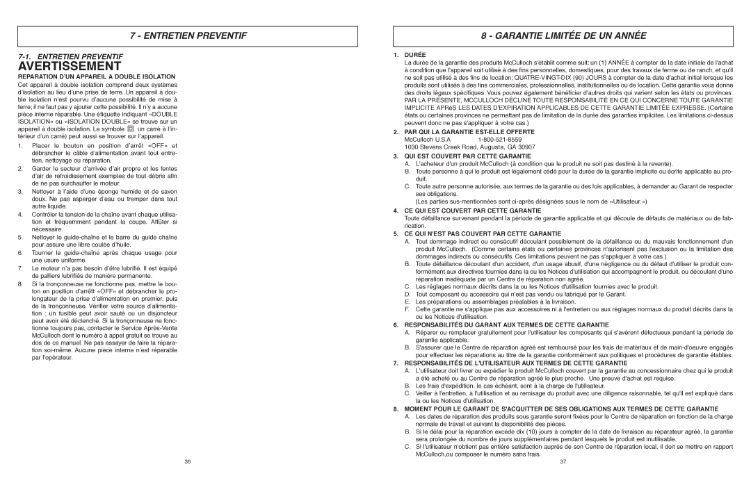 McCulloch MCC1514 user manual Entretien Preventif, Garantie Limitée DE UN Année 