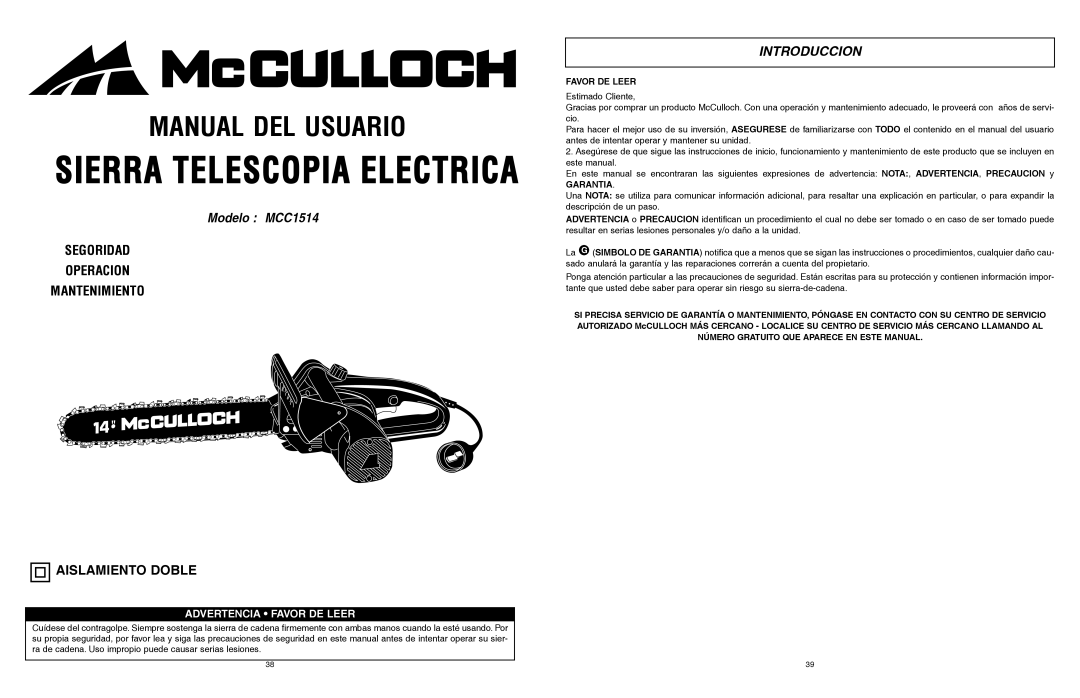 McCulloch MCC1514 user manual Introduccion, Favor DE Leer, Garantia 