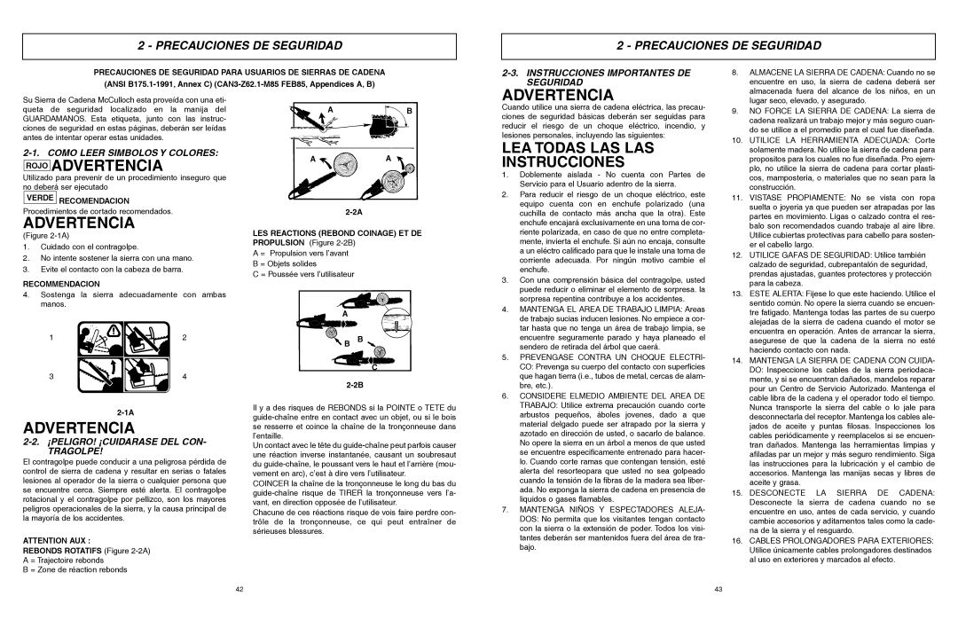 McCulloch MCC1514 user manual Rojo Advertencia, Precauciones DE Seguridad 