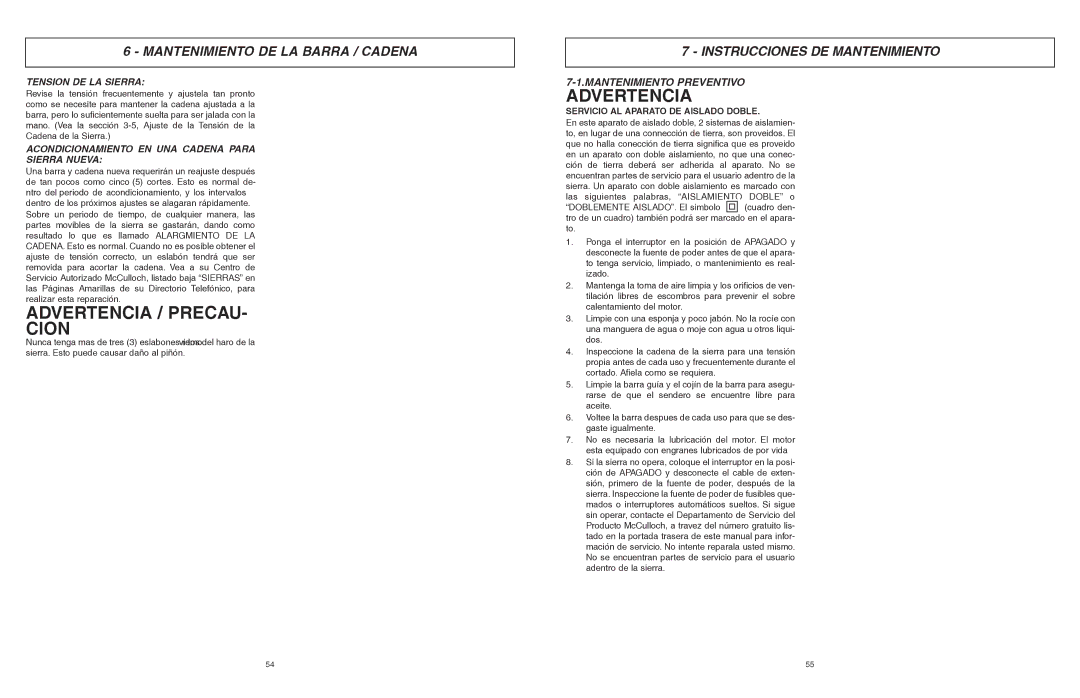 McCulloch MCC1514 user manual Advertencia / Precau Cion, Instrucciones DE Mantenimiento, Mantenimiento Preventivo 