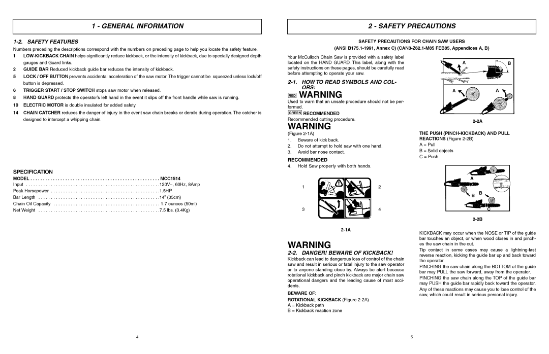 McCulloch MCC1514 user manual RED Warning, Safety Precautions, Safety Features, HOW to Read Symbols and COL- ORS 