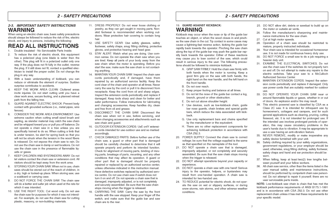 McCulloch MCC1514 user manual Read ALL Instructions, Important Safety Instructions, Guard Against Kickback 