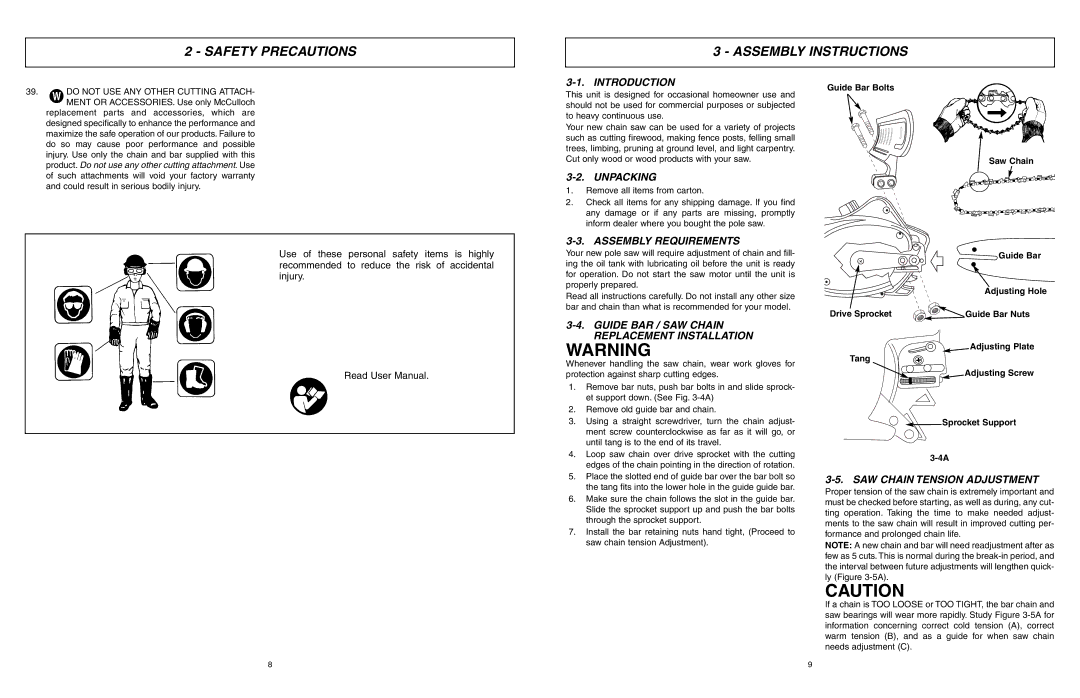 McCulloch MCC1514 user manual Safety Precautions Assembly Instructions, Introduction, Unpacking, Assembly Requirements 