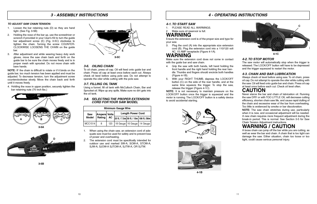 McCulloch MCC1514 user manual Assembly Instructions Operating Instructions 