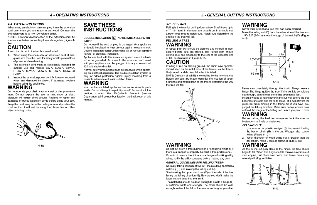 McCulloch MCC1514 Save These, Operating Instructions General Cutting Instructions, Extension Cords, Felling CUT 