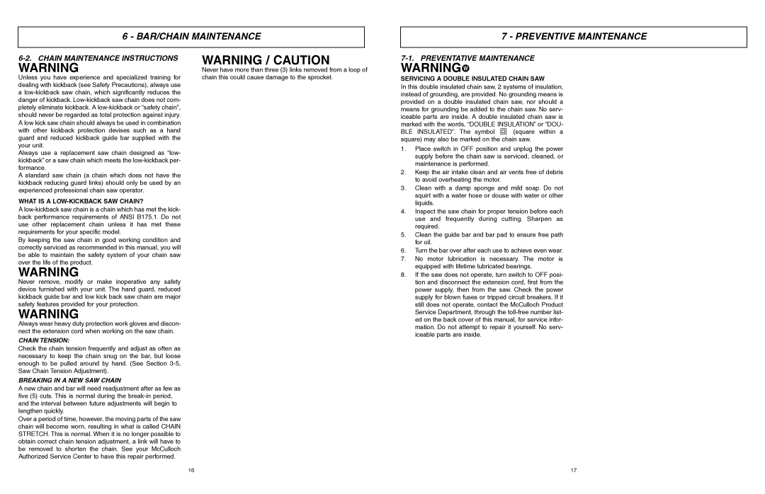 McCulloch MCC1514 BAR/CHAIN Maintenance Preventive Maintenance, Chain Maintenance Instructions, Preventative Maintenance 