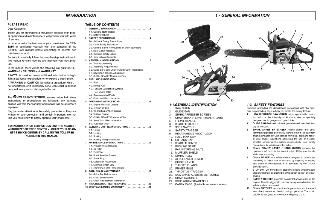 McCulloch MCC1635A-CA Introduction General Information, Table of Contents, General Identification, Safety Features 