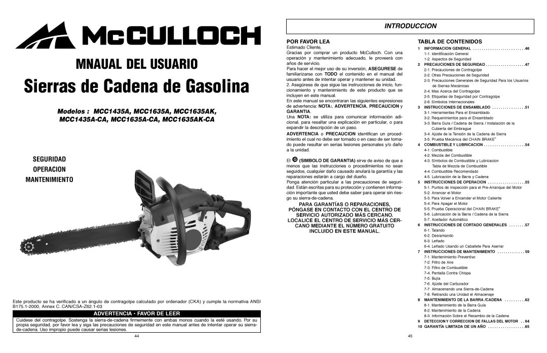 McCulloch MCC1435A-CA, MCC1635A-CA, MCC1635AK-CA user manual Introduccion, POR Favor LEA, Tabla DE Contenidos, Garantia 